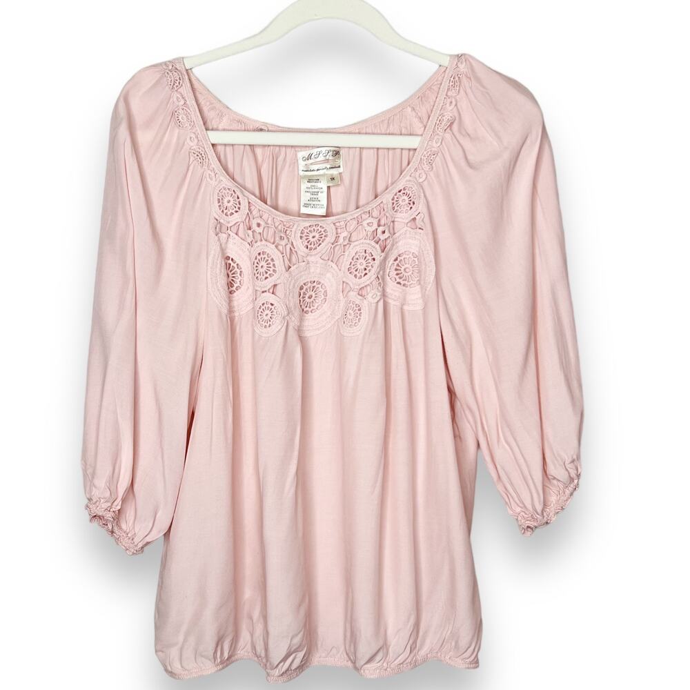 M.S.S.P. Y2K Pink Lace Accent Peasant Top Size 1X fits like a Lg